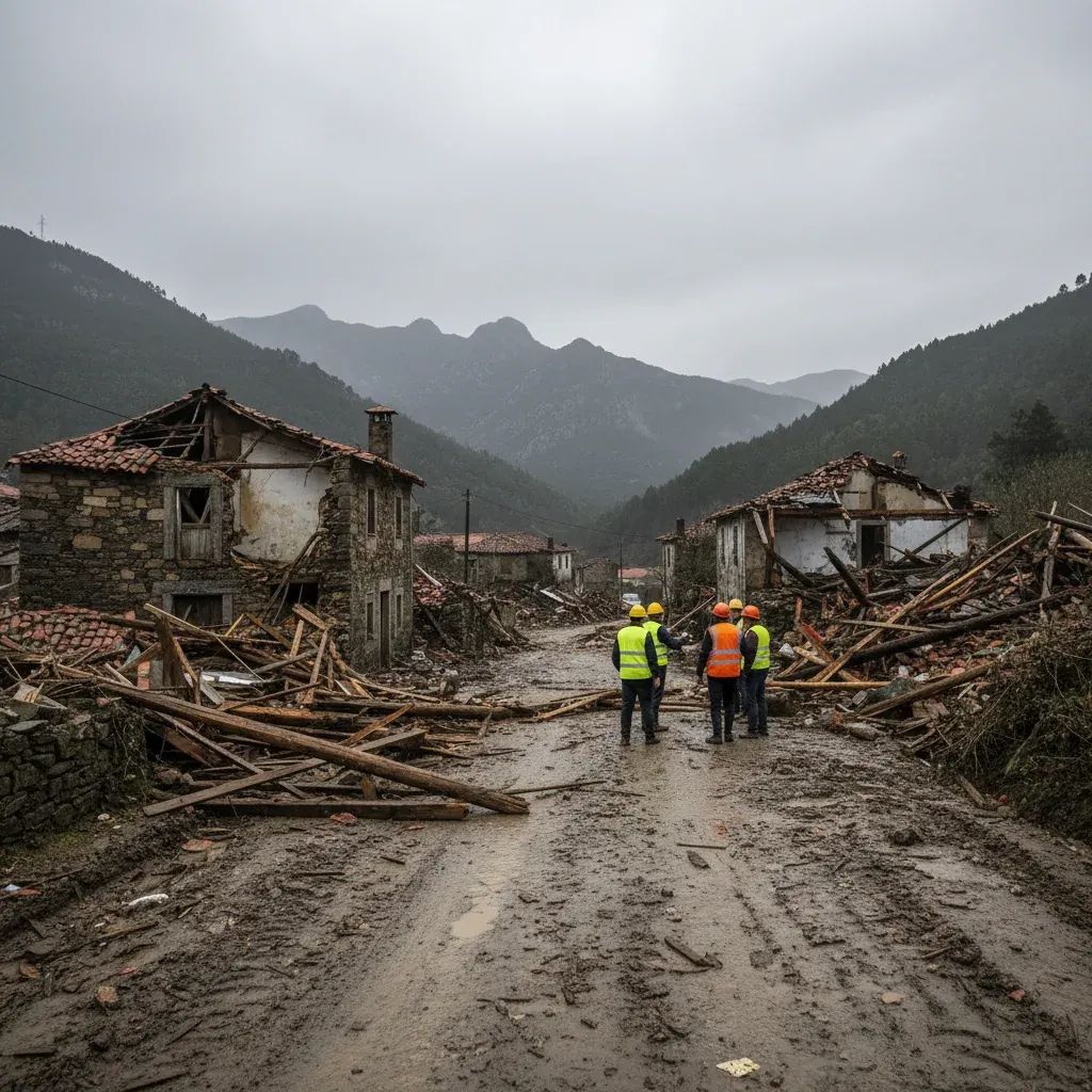 Damaged Portuguese village showing destroyed infrastructure and debris from storm, with workers assessing reconstruction needs