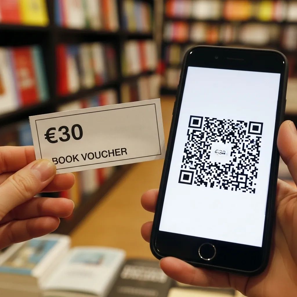 Hand holding a book voucher and smartphone with QR code in a Portuguese bookstore