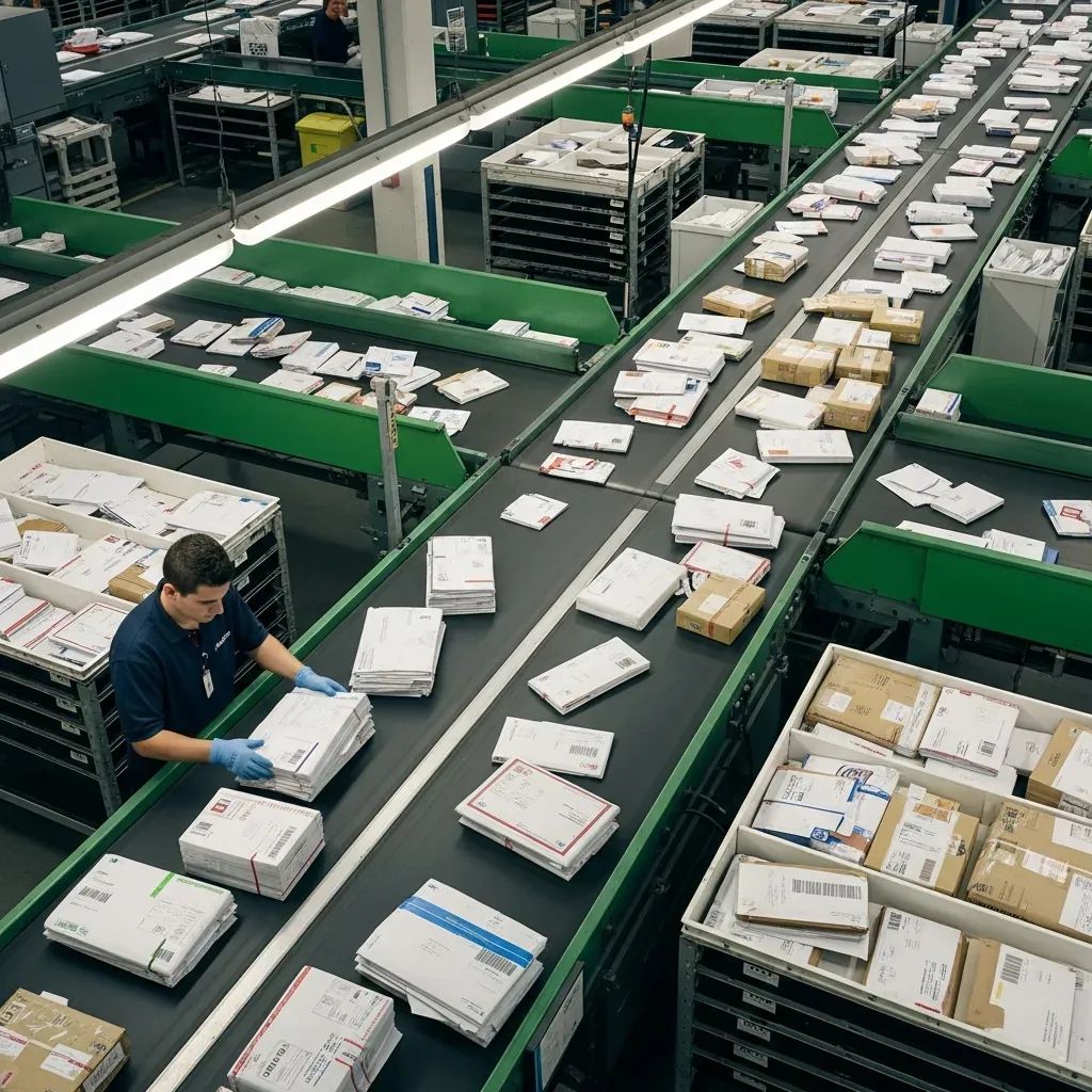 Parcels and envelopes being sorted in a Portuguese postal facility for international shipping
