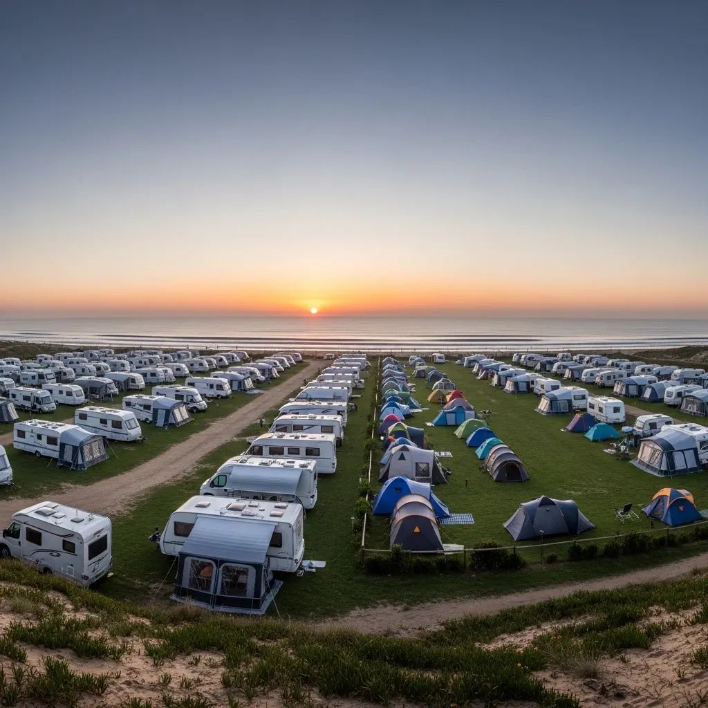 Panoramic view of caravan and tent campsite by Matosinhos beach at dawn