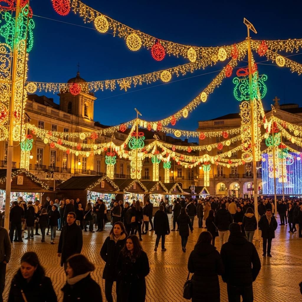 Night view of a Lisbon square lit by LED Christmas garlands with wooden market stalls