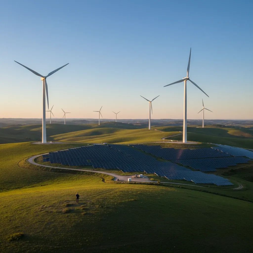 Wind turbines and solar panels on Portuguese hillside landscape representing renewable energy infrastructure