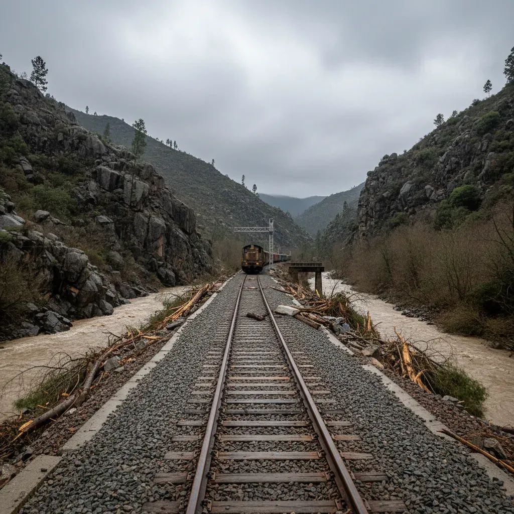Storm-damaged railway tracks through central Portugal countryside with mudslide and embankment collapse along mountain valley