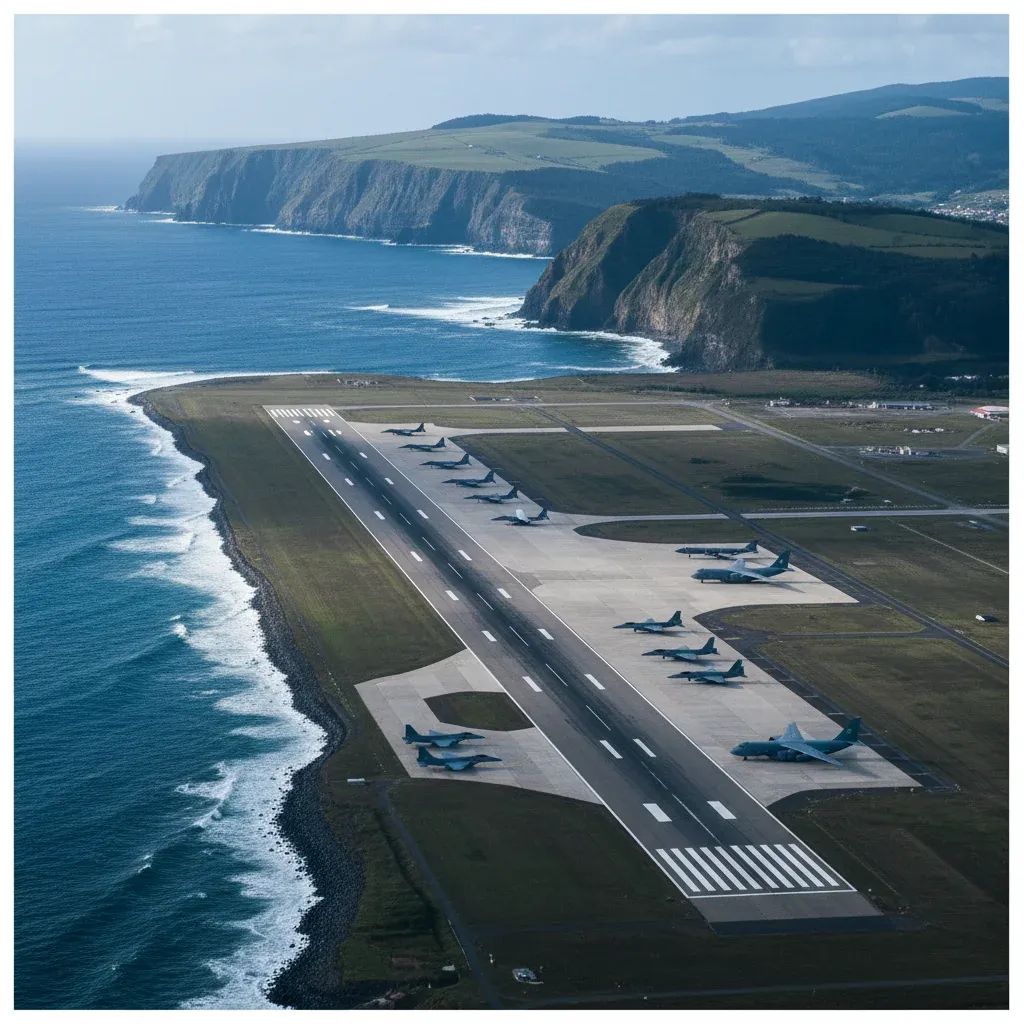 Aerial view of Lajes Air Base runway in the Azores with military aircraft and Portuguese coastal landscape