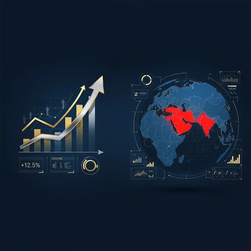 Financial graph showing rising gold and silver prices with Middle East map indicating geopolitical tensions