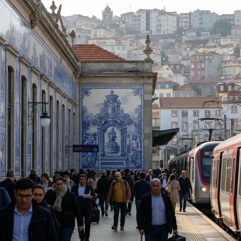 Modern commuter train arriving at a Portuguese station platform with urban architectural background