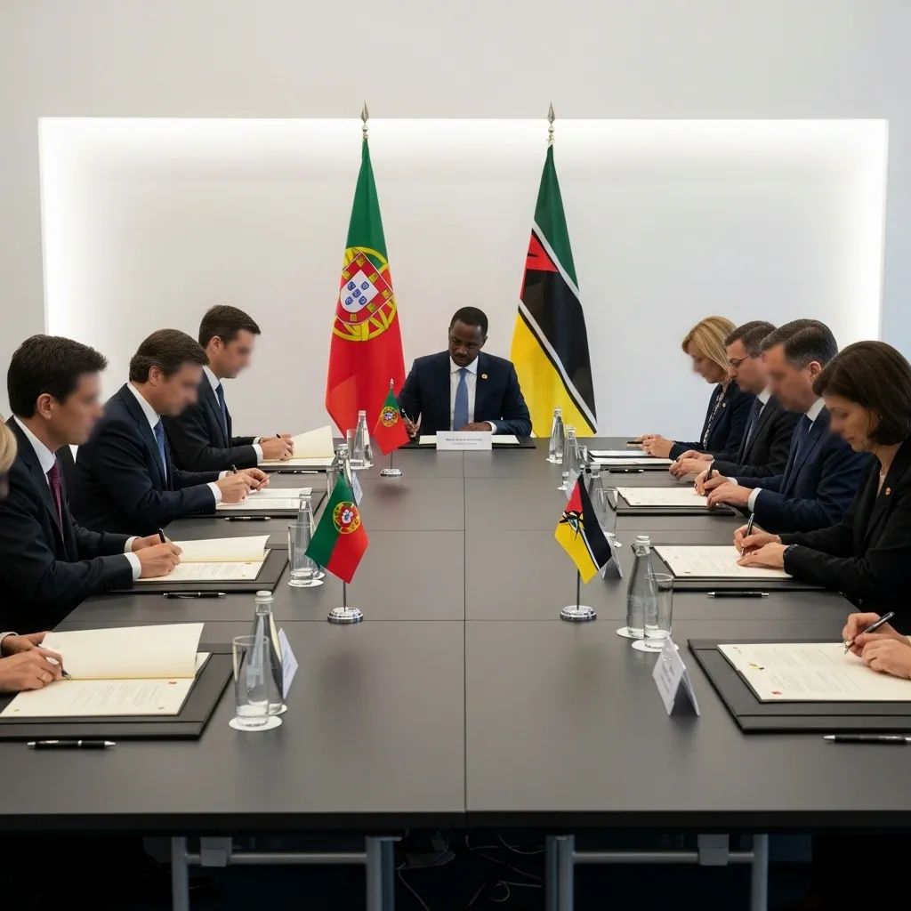 Delegates signing bilateral agreements with Portuguese and Mozambican flags at summit