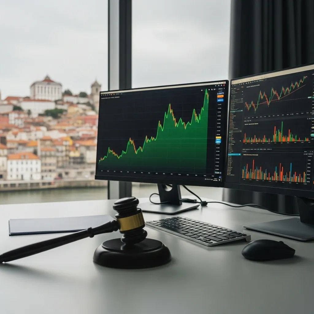 Gavel on office desk next to computer screens showing cryptocurrency charts