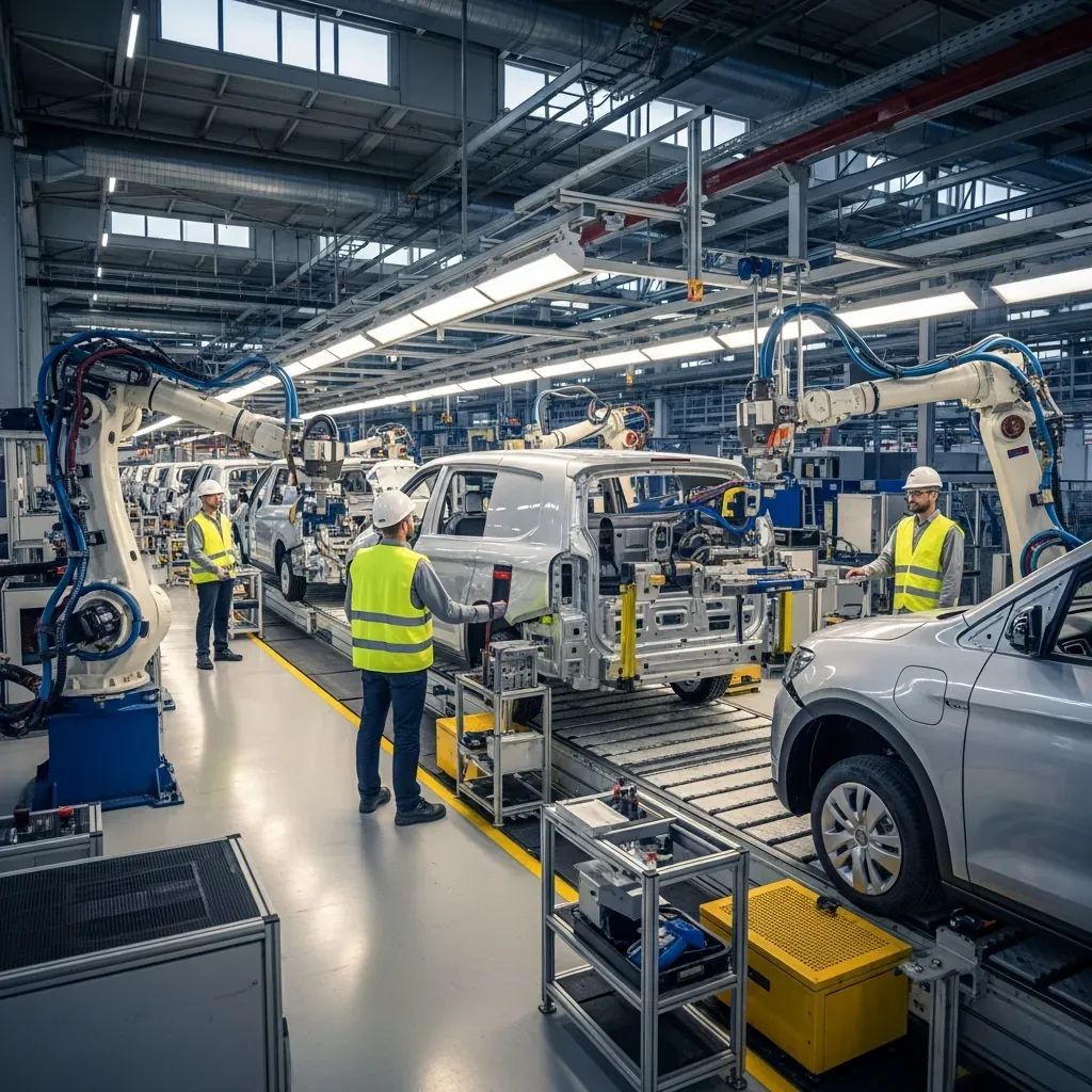 Electric vans and cars on a modern assembly line in a Portuguese car factory