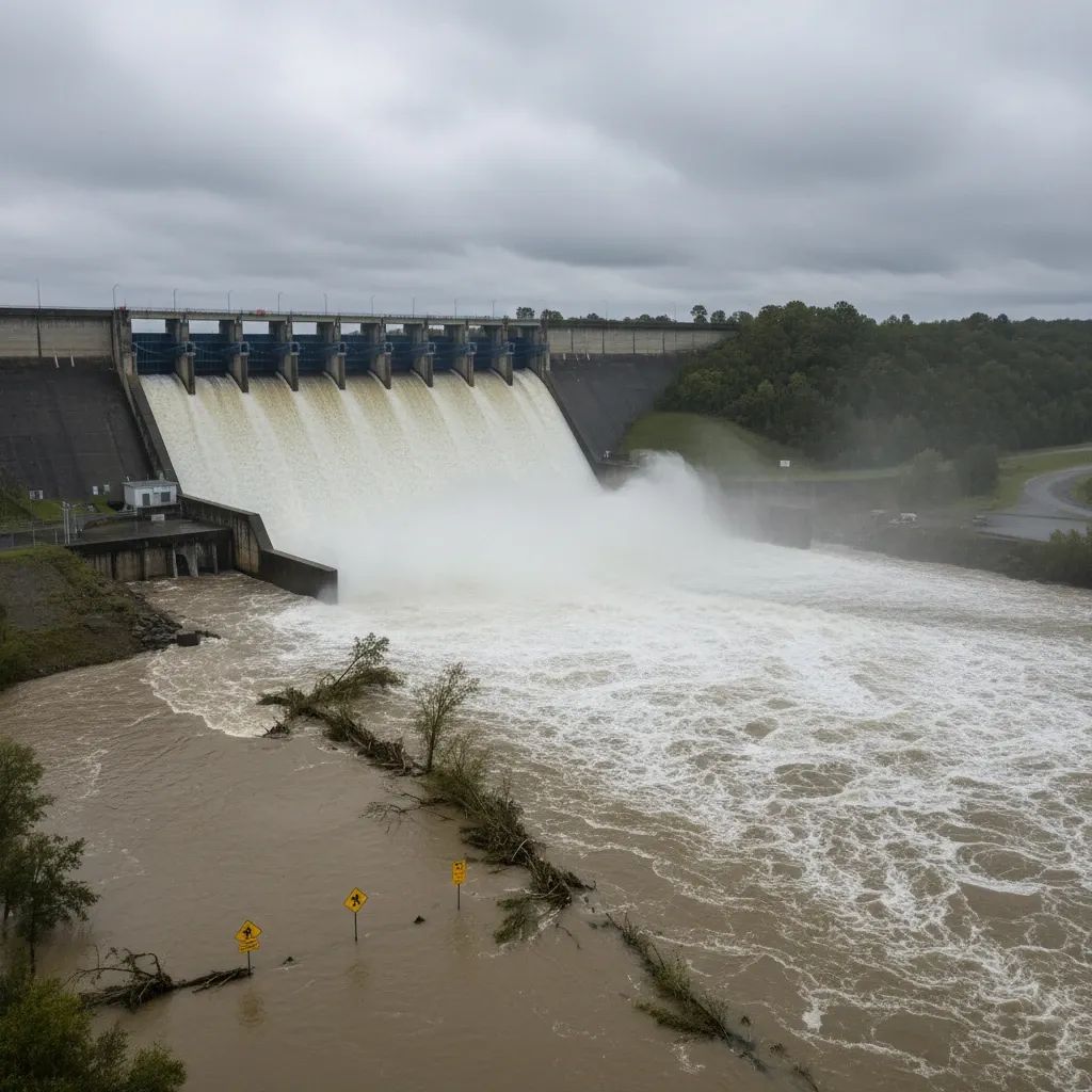 Aerial view of dam spillway releasing water into the Guadiana River near Mértola with warning signs