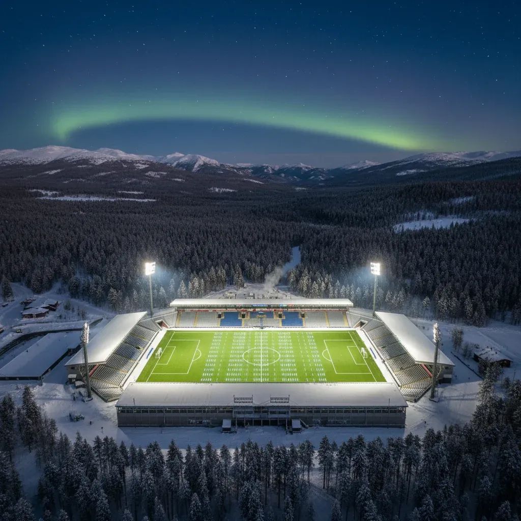 Arctic football stadium at night with snow-covered surroundings and floodlights illuminating the pitch