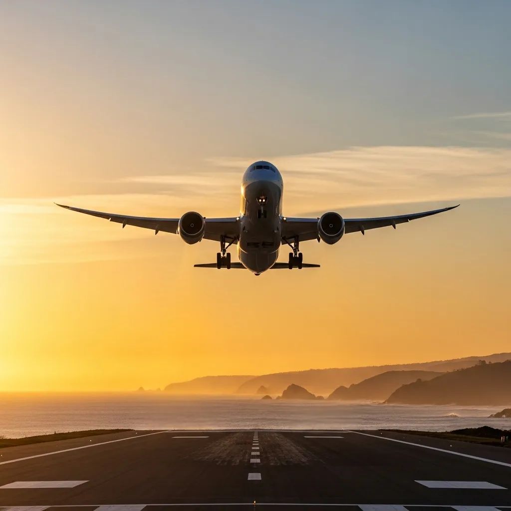 A commercial airliner taking off at sunset over the ocean symbolizing Portugal–Brazil travel route