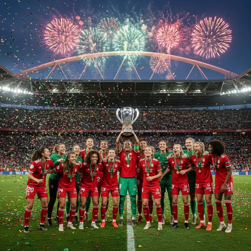 Benfica women players celebrating championship trophy victory at Estádio da Luz stadium