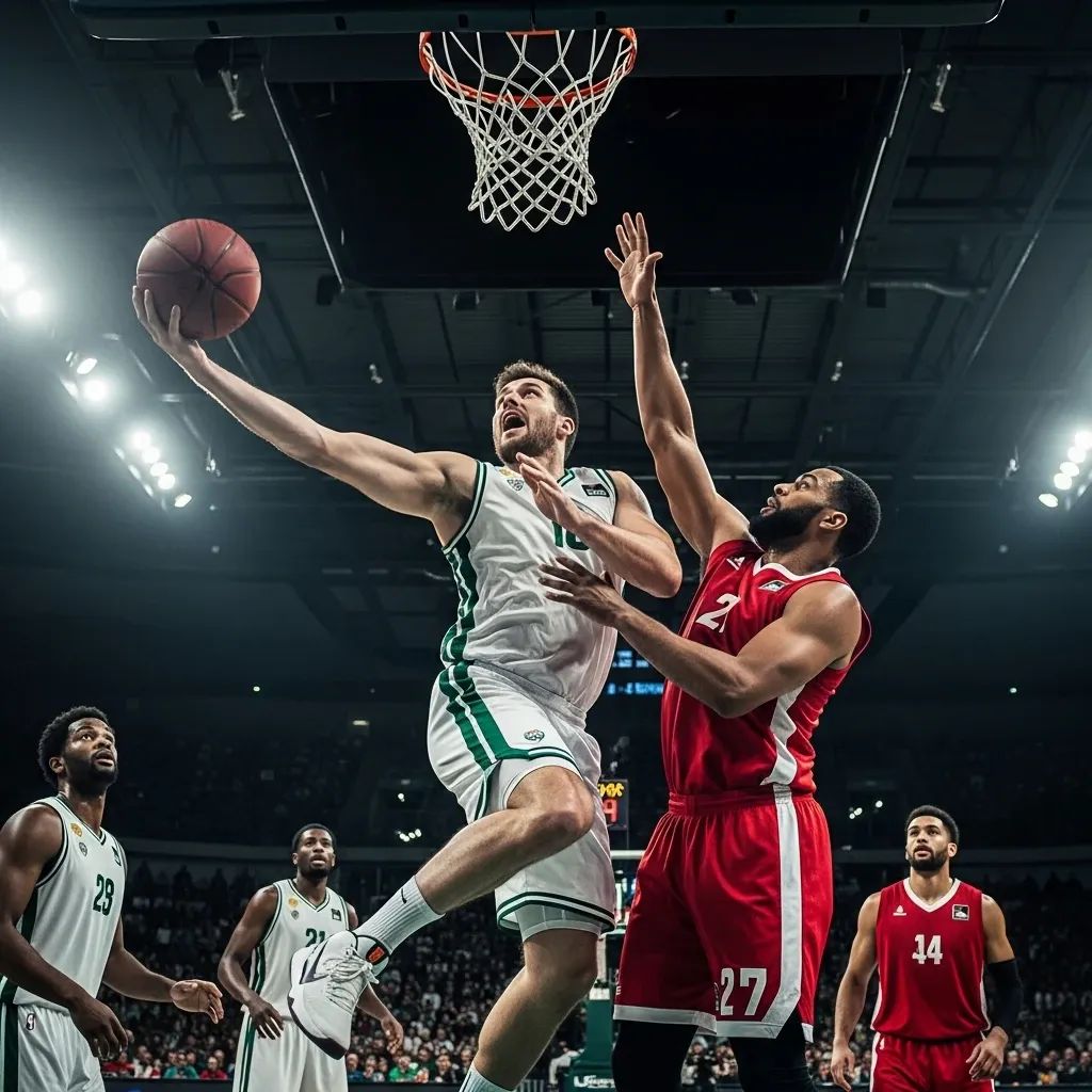 Indoor basketball game with players in green-and-white and red jerseys contesting a rebound in an arena