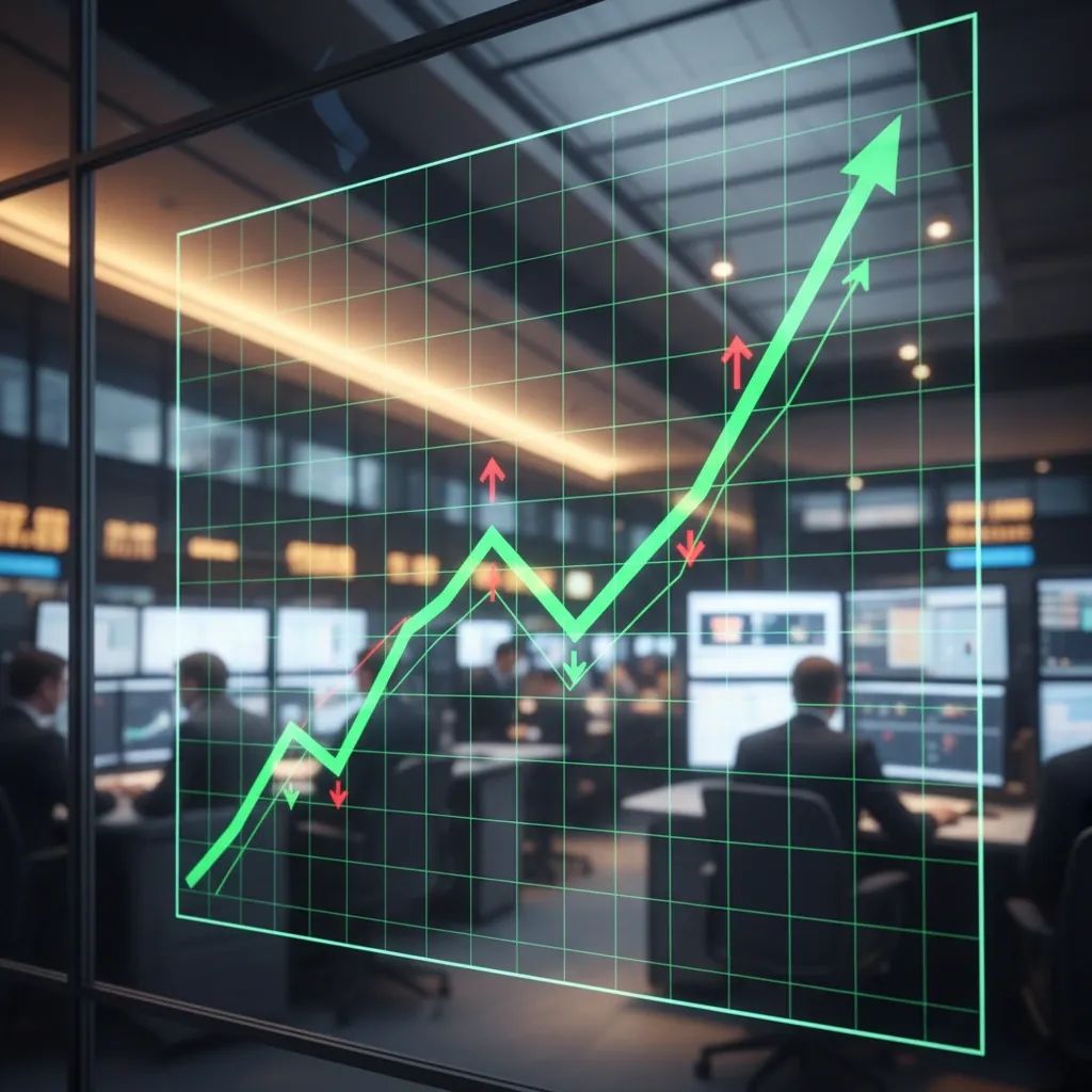 Digital trading floor screen displaying a green upward trending stock market chart