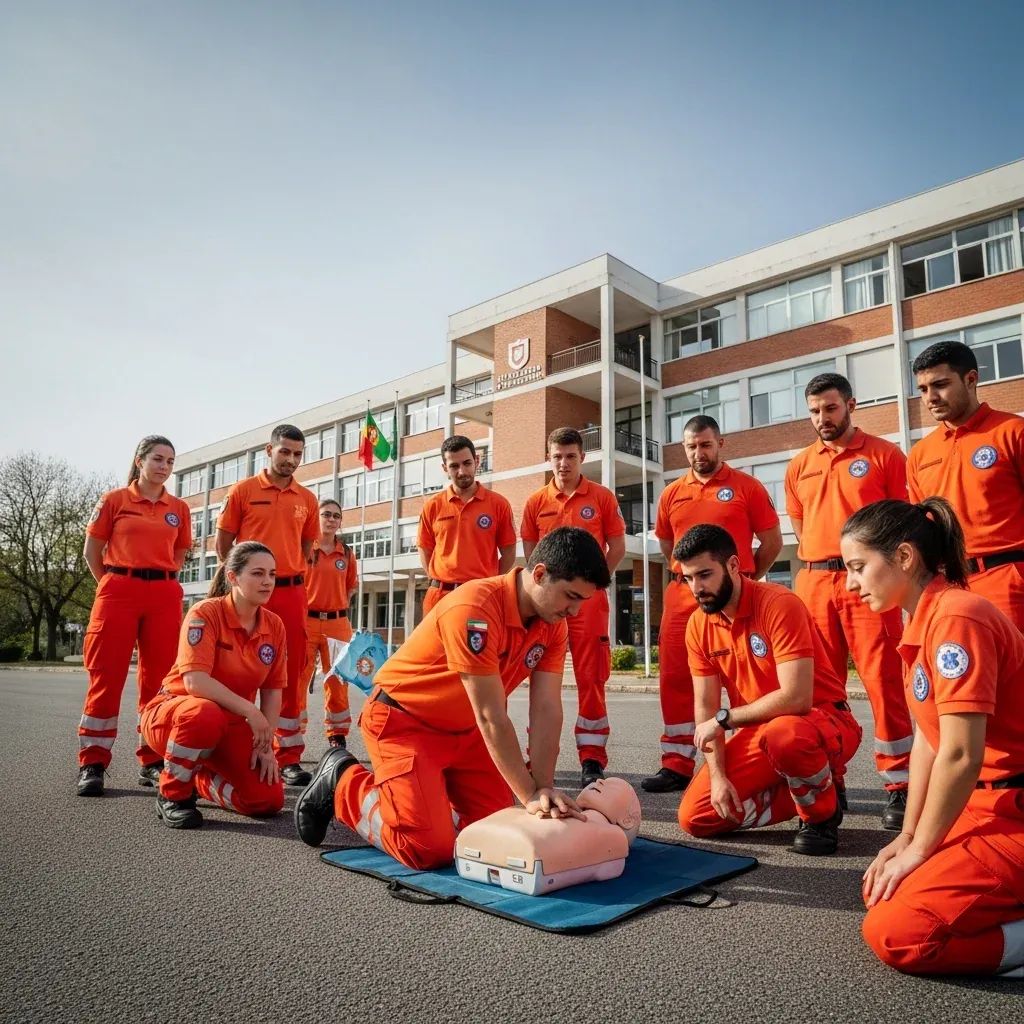Paramedic trainees practicing CPR on a mannequin outside a fire academy building