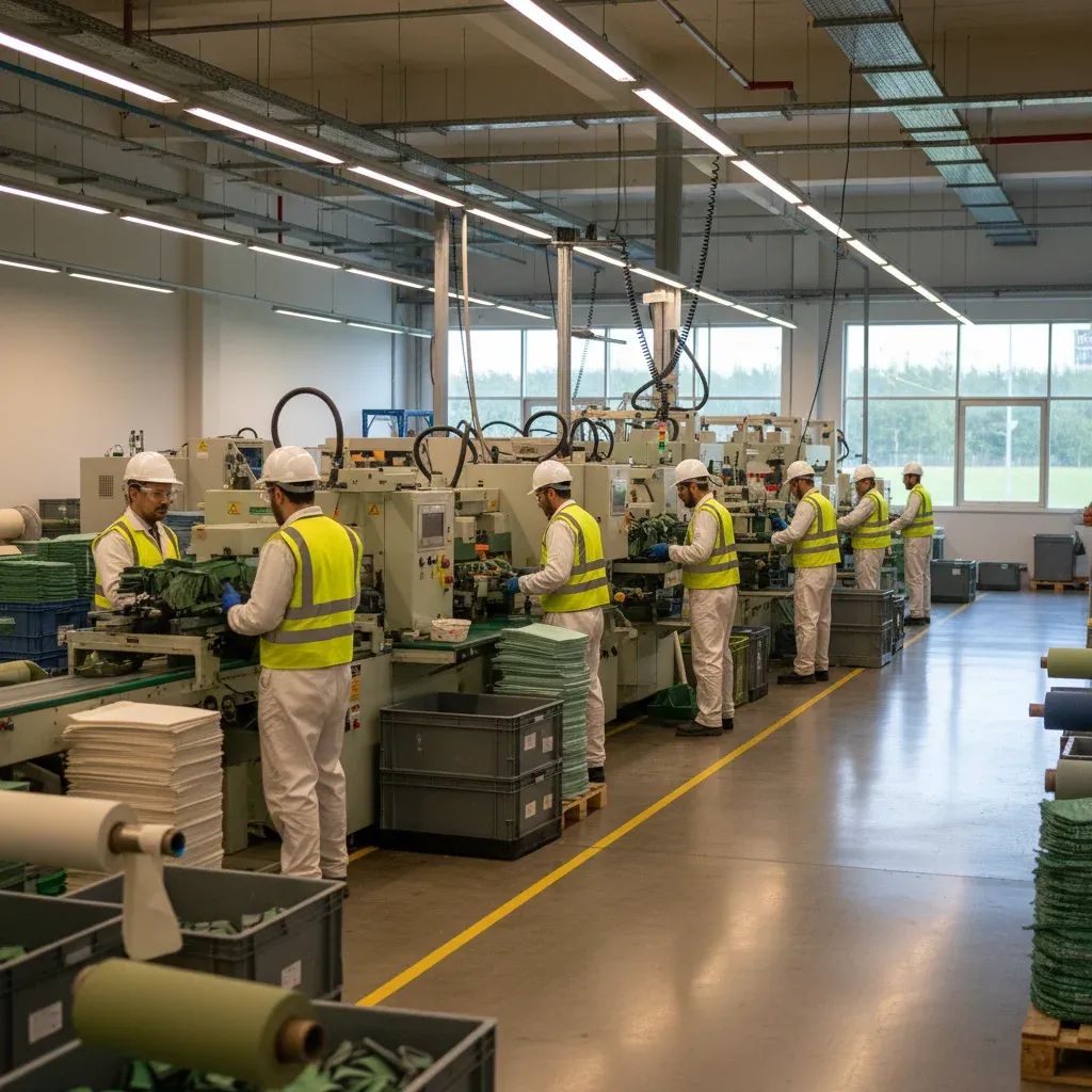 Modern Portuguese footwear manufacturing facility with workers operating machinery in sustainable production environment