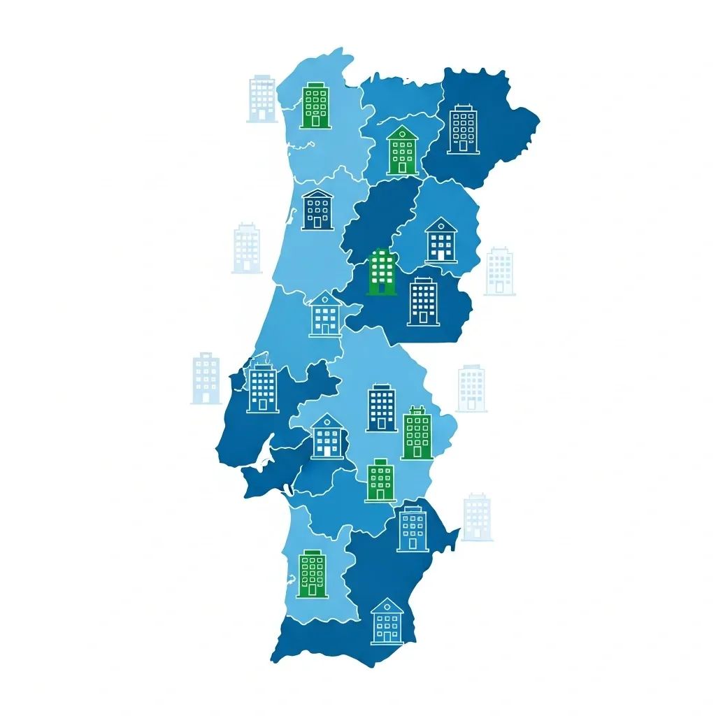 Infographic-style map of Portugal with apartment icons, some ghosted to show informal rentals