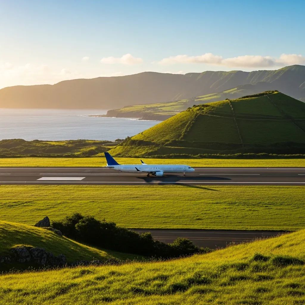 Commercial airplane taxiing at an Azores airport runway with green volcanic hills in the background
