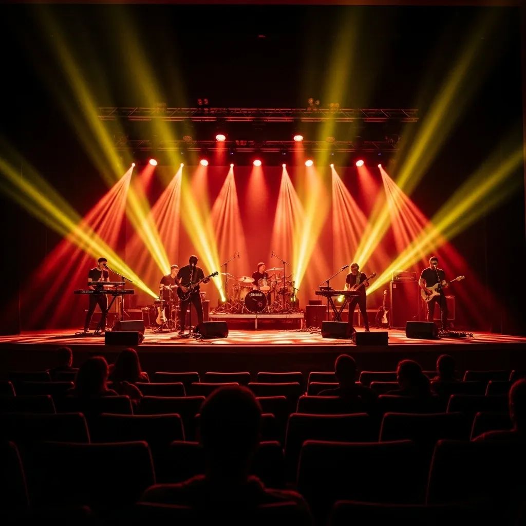 Stage setup with live band and performers in a modern theatre under vibrant rock-gospel lighting