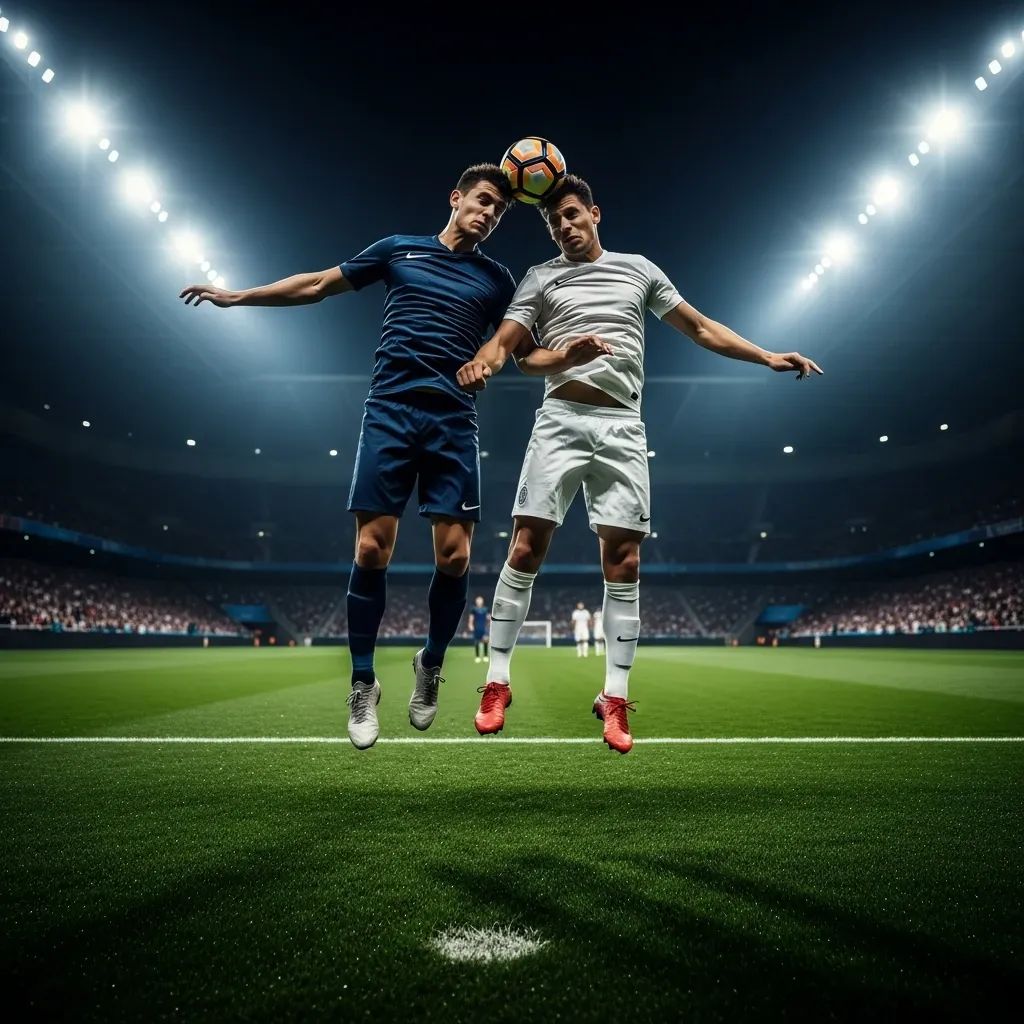 Football players contesting a header at a Portuguese league match
