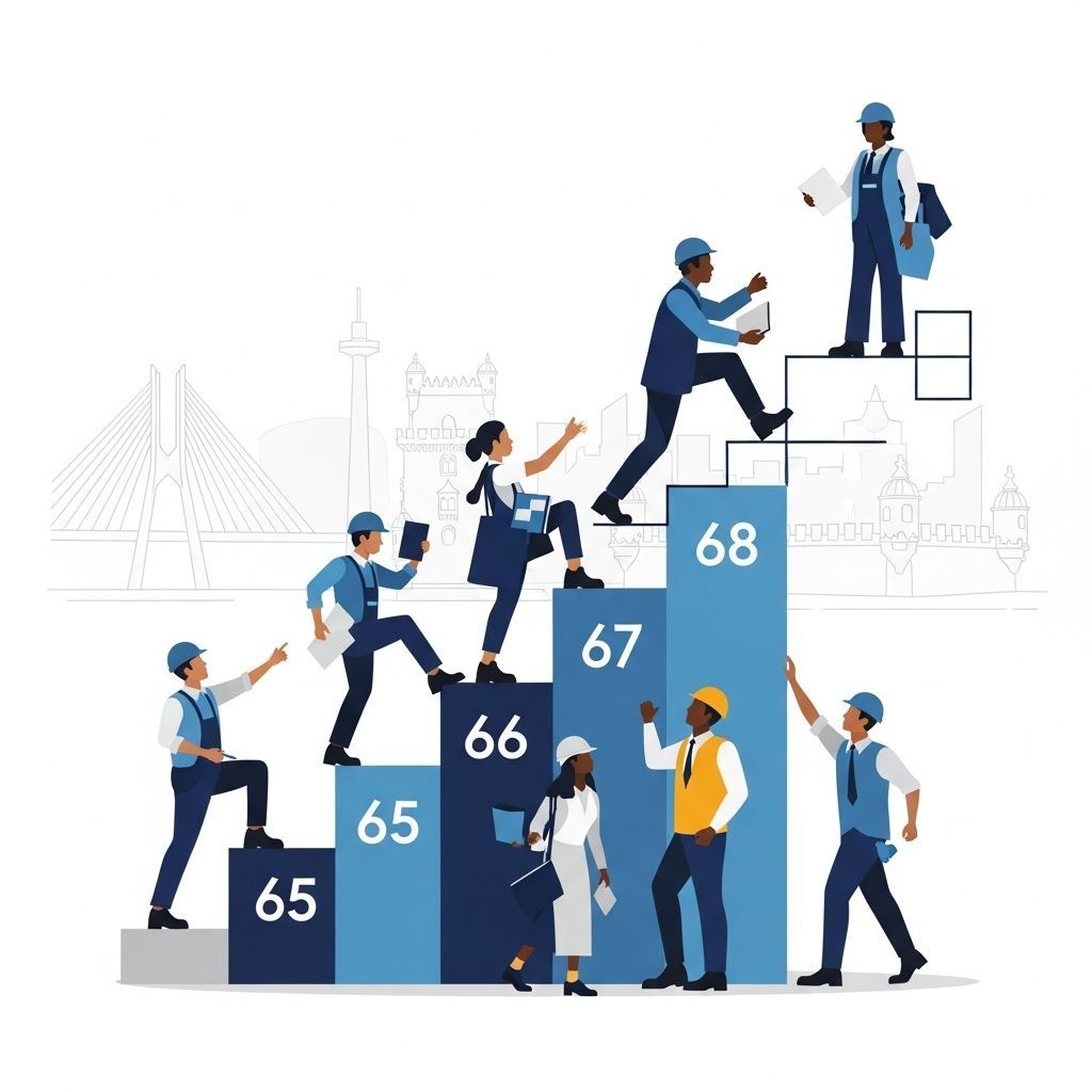 Illustration of diverse workers climbing staircase marked with ages up to 68 against a Portugal skyline