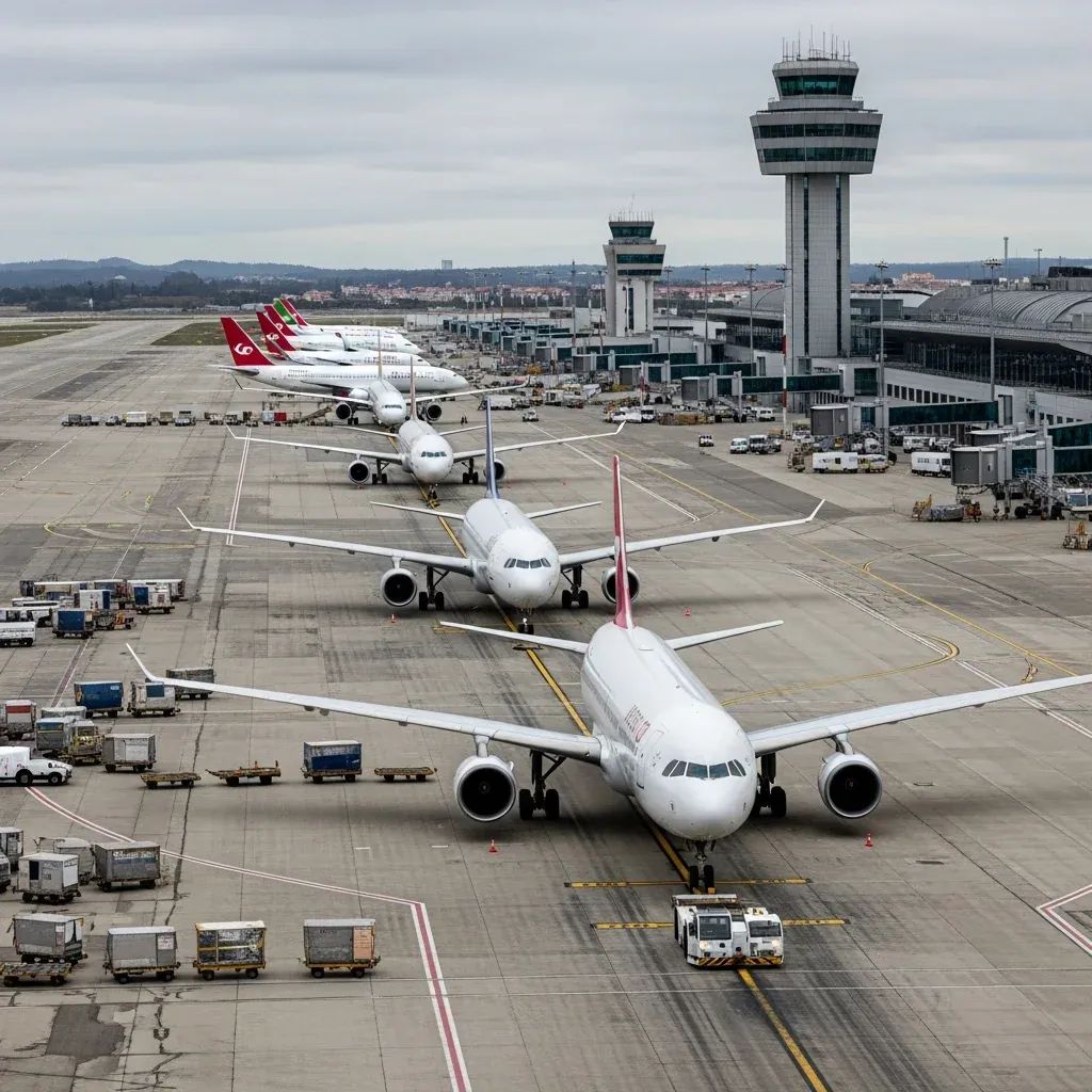 Aerial view of multiple airplanes queued on a busy Lisbon airport taxiway