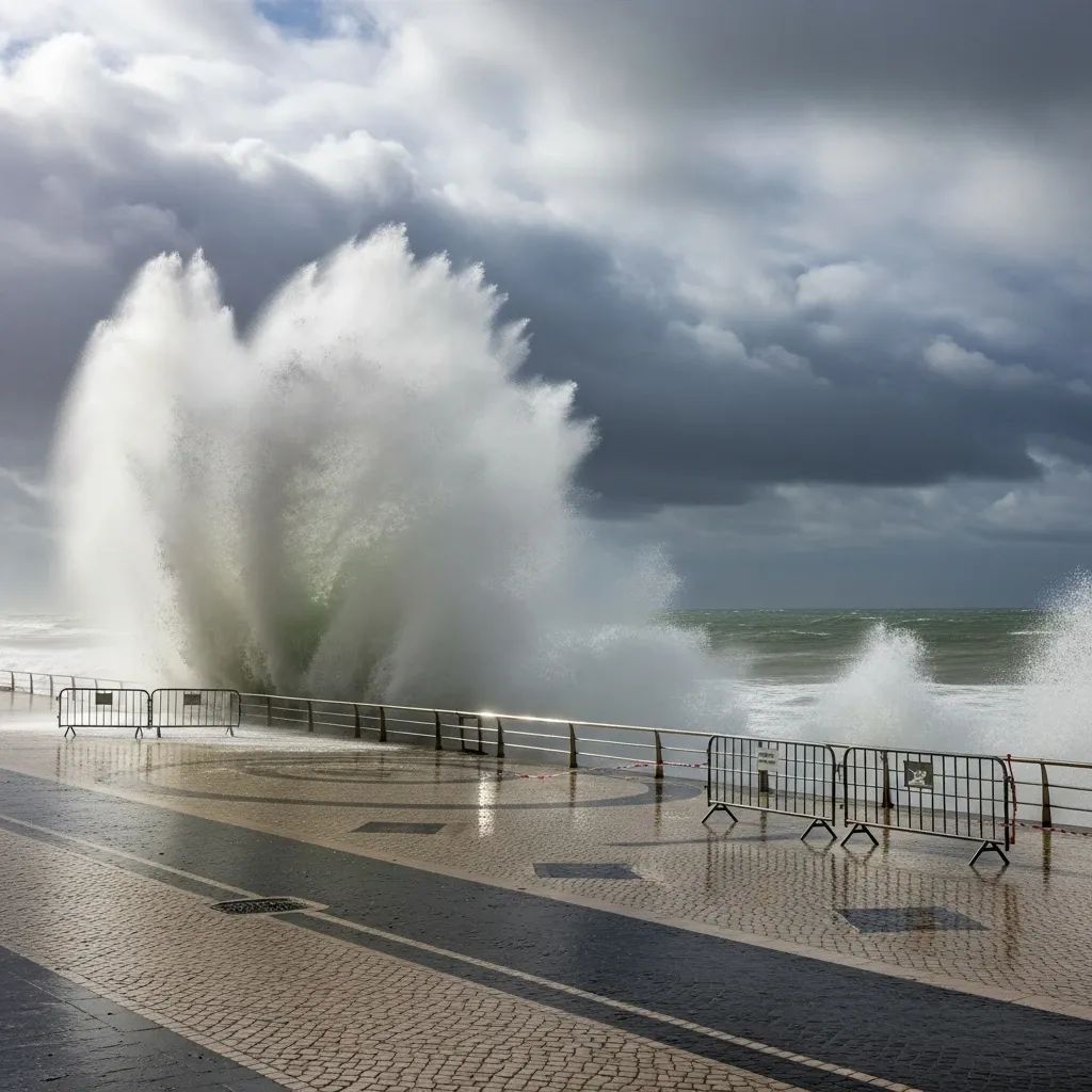 Rough 5m waves crashing against a closed Portuguese seaside promenade under stormy skies