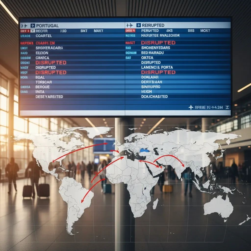 Airport display showing flight disruptions and rerouted travel paths from Portugal through Middle East region