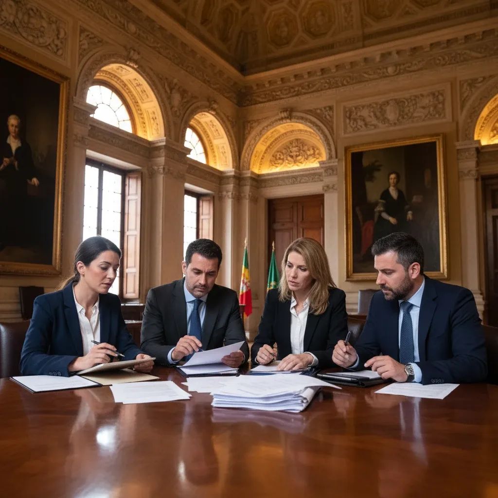 Parliament members and officials reviewing documents related to banking cartel investigation