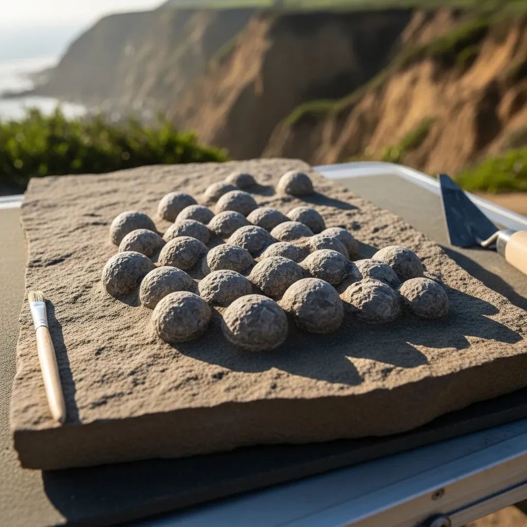 Cluster of small fossilized dinosaur eggs in a sandstone slab at Santa Cruz coastal cliffs