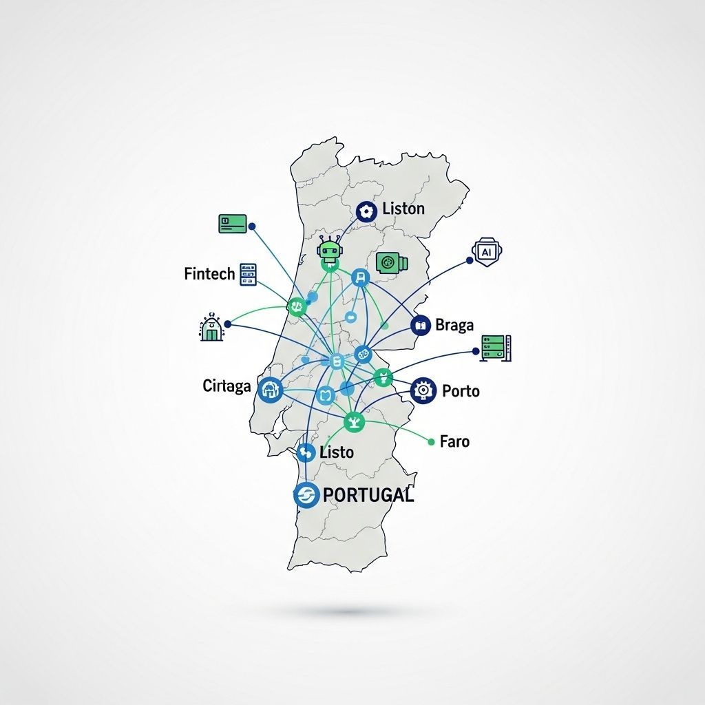 Infographic map of Portugal showing fintech hubs connected by data network lines