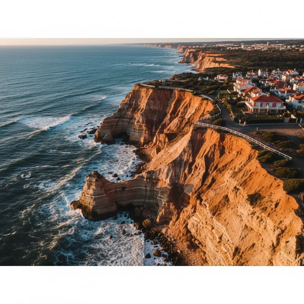 Aerial view of eroded coastal cliffs in Costa da Caparica showing geological instability