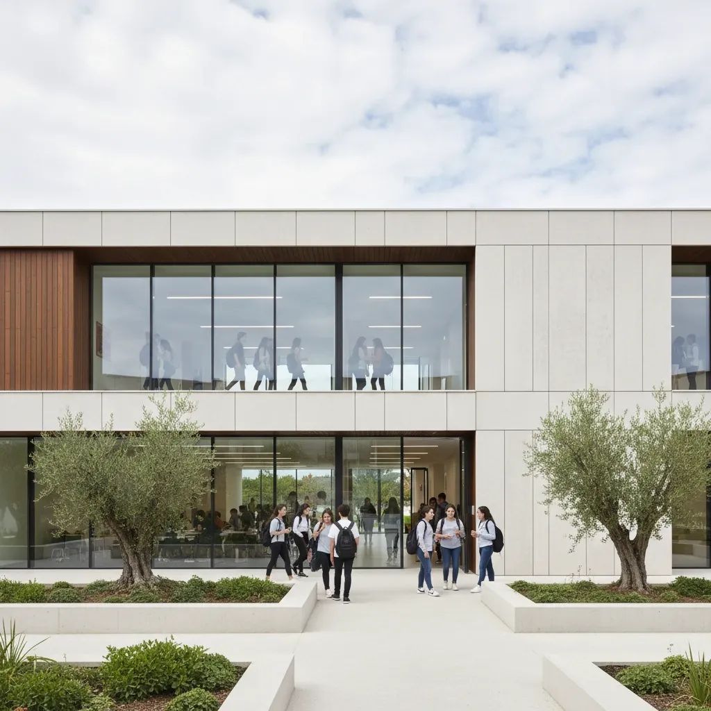 Portuguese school building exterior showing hallway with students, representing school safety and education governance issues