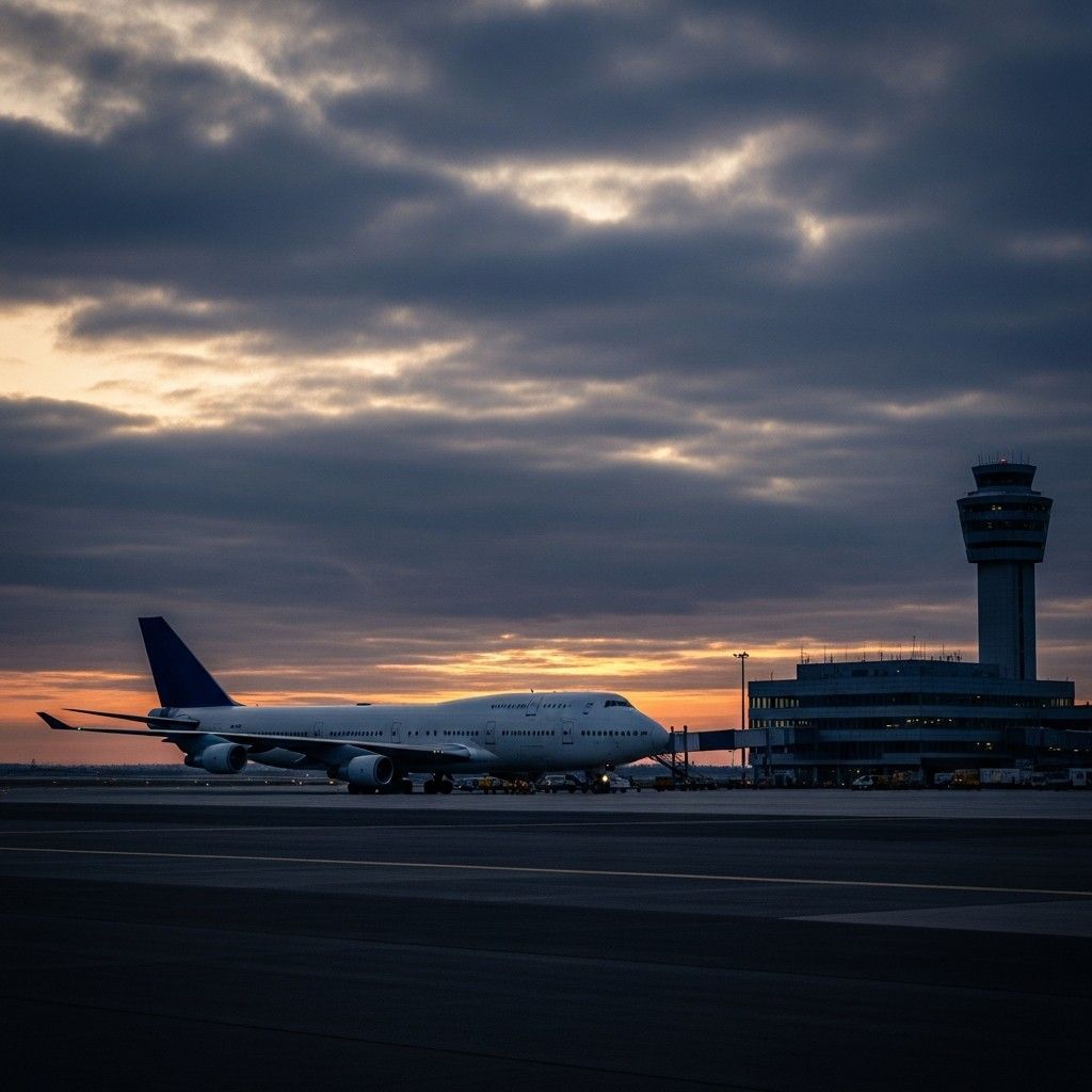 Comercial parado na pista de aeroporto ao anoitecer, simbolizando suspensão de voos