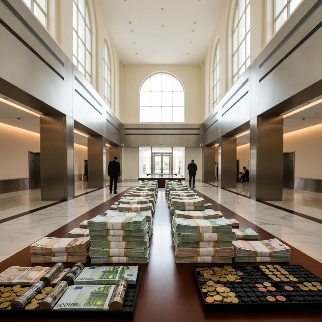 Organized display of euro banknotes and coins on banking table representing Portuguese currency circulation