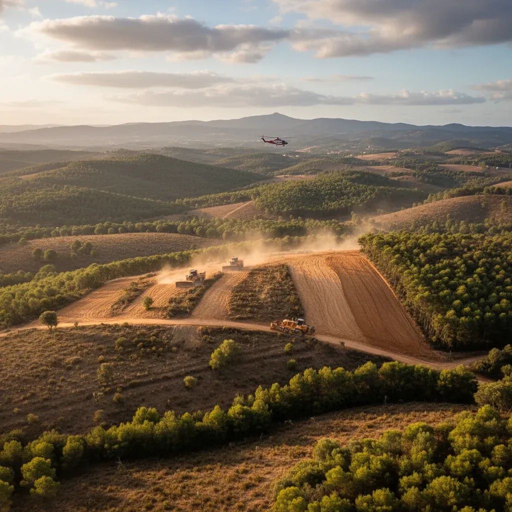 Bulldozer clearing firebreaks in Portuguese rural landscape with forest and helicopter visible