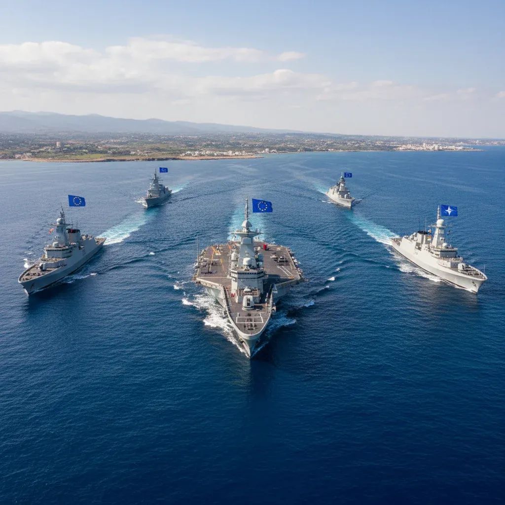 European naval warships positioned off Cyprus coast during Iran-EU security crisis