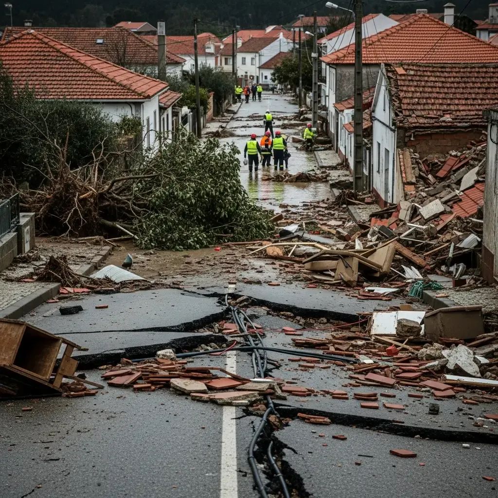 Workers assess flood damage on a street with debris in a Portuguese village