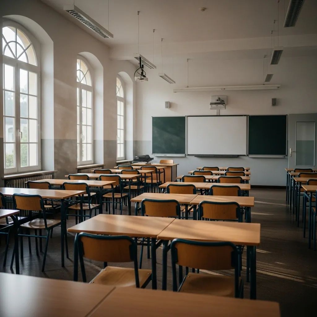 Empty Portuguese public school classroom with rows of unoccupied desks and chairs