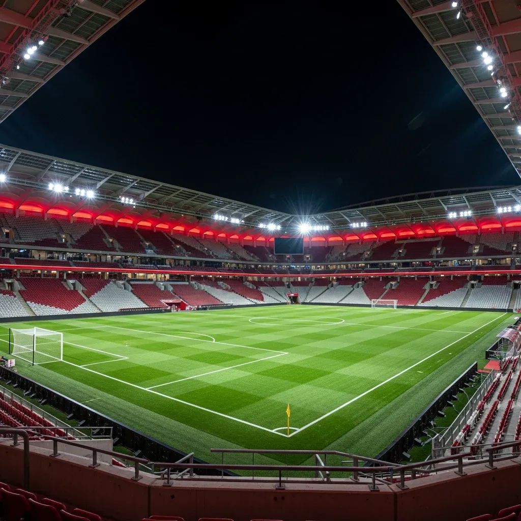 Interior view of a modern football stadium illuminated under floodlights at night
