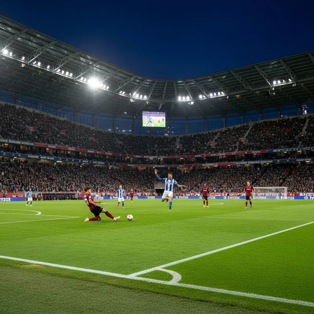 Professional football match action at stadium during Champions League playoff tie