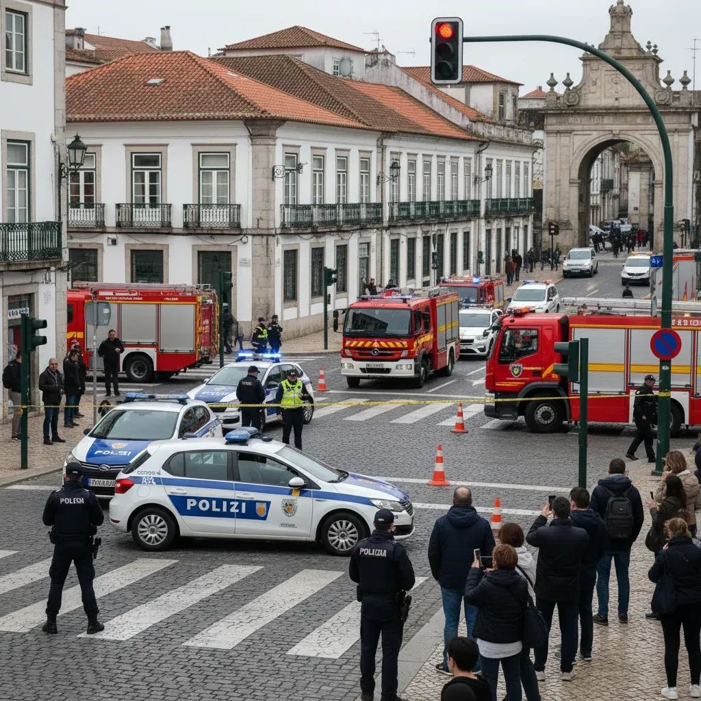 Emergency response scene on a Coimbra city street with police and emergency vehicles responding to an accident