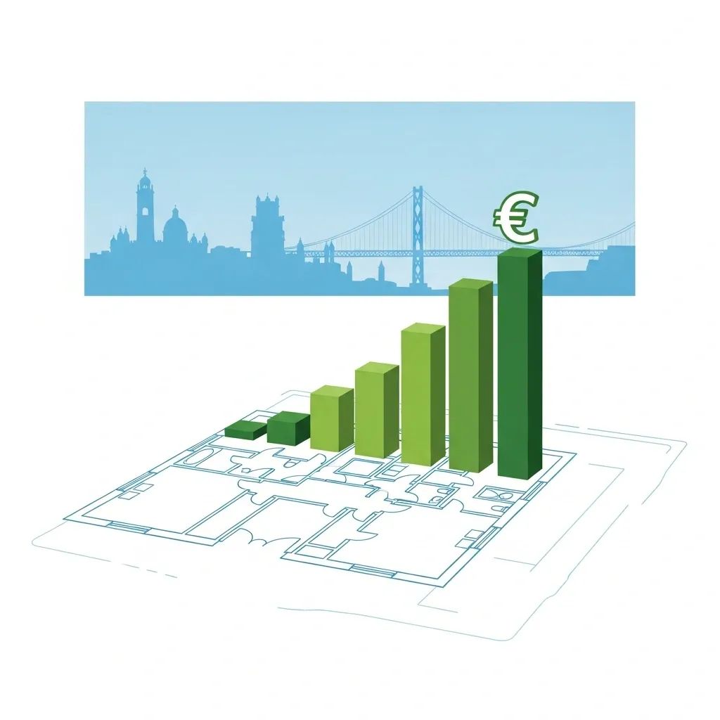 Infographic of house blueprint and rising bar chart with euro symbol representing increased construction cost in Portugal