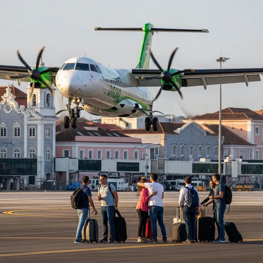 Regional passenger aircraft landing with Portuguese diaspora travelers greeting each other at an airport
