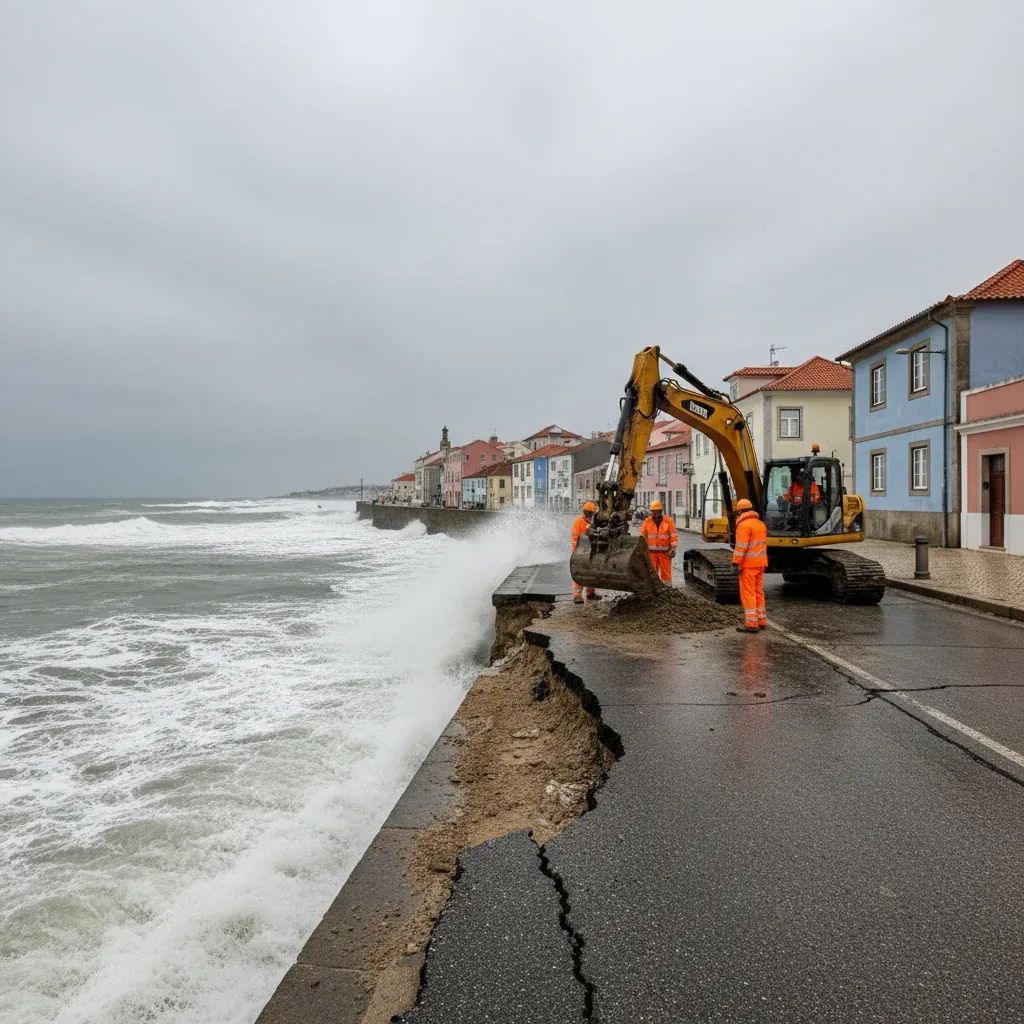 Workers repairing storm-damaged coastal road in a Portuguese seaside town under cloudy skies