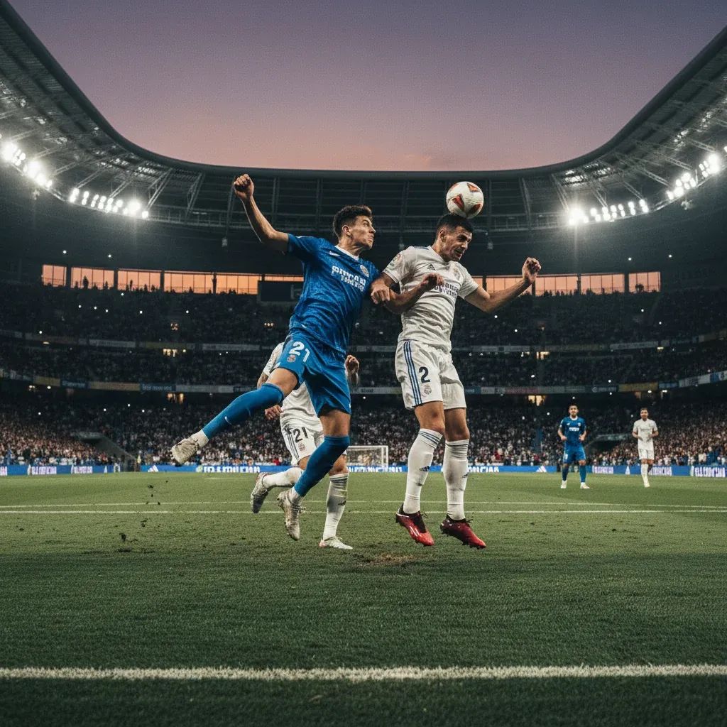 Football match in progress showing intense play during La Liga match with stadium crowd visible