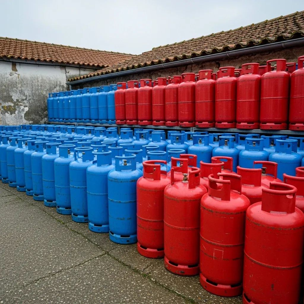 Stacked gas cylinders outside a rural Portuguese gas retailer under cloudy winter sky