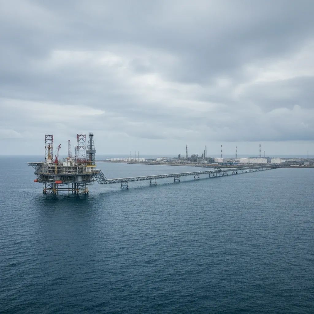 Offshore oil platform with coastal gas processing terminal in the background
