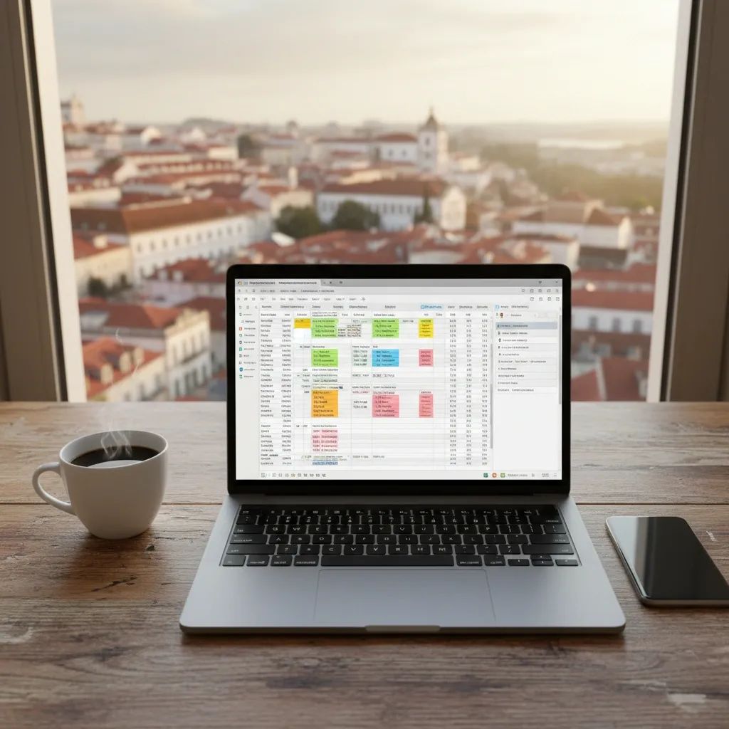 Overhead view of a laptop on a desk showing tax compliance spreadsheet templates with a coffee mug